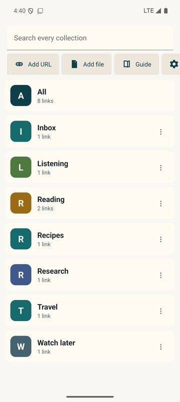 The Linkloft collections screen, listing collections with a count of the links in each.