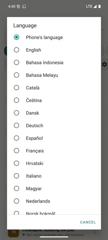 The language picker, listing the app's languages in their own scripts.